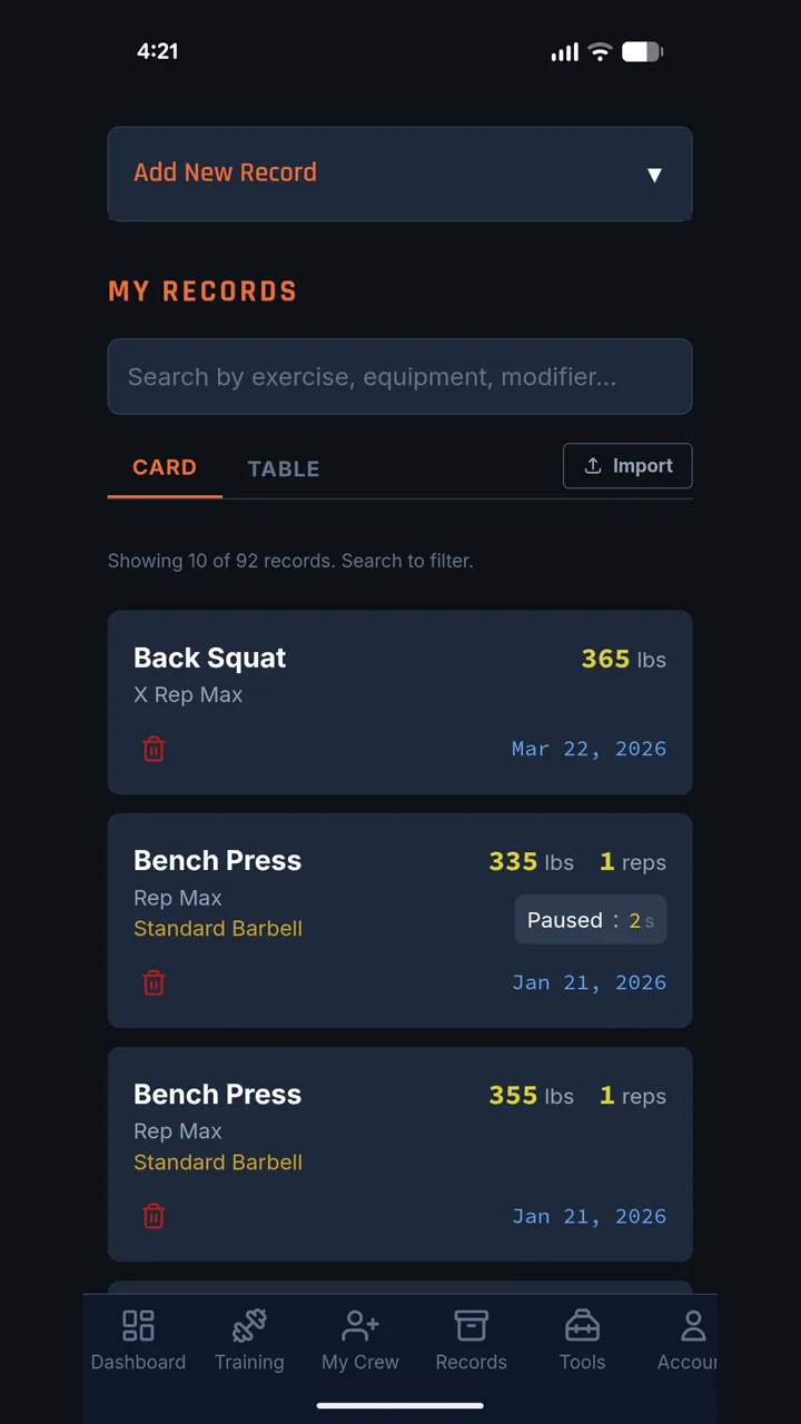Personal records list with lifts, weights and dates
