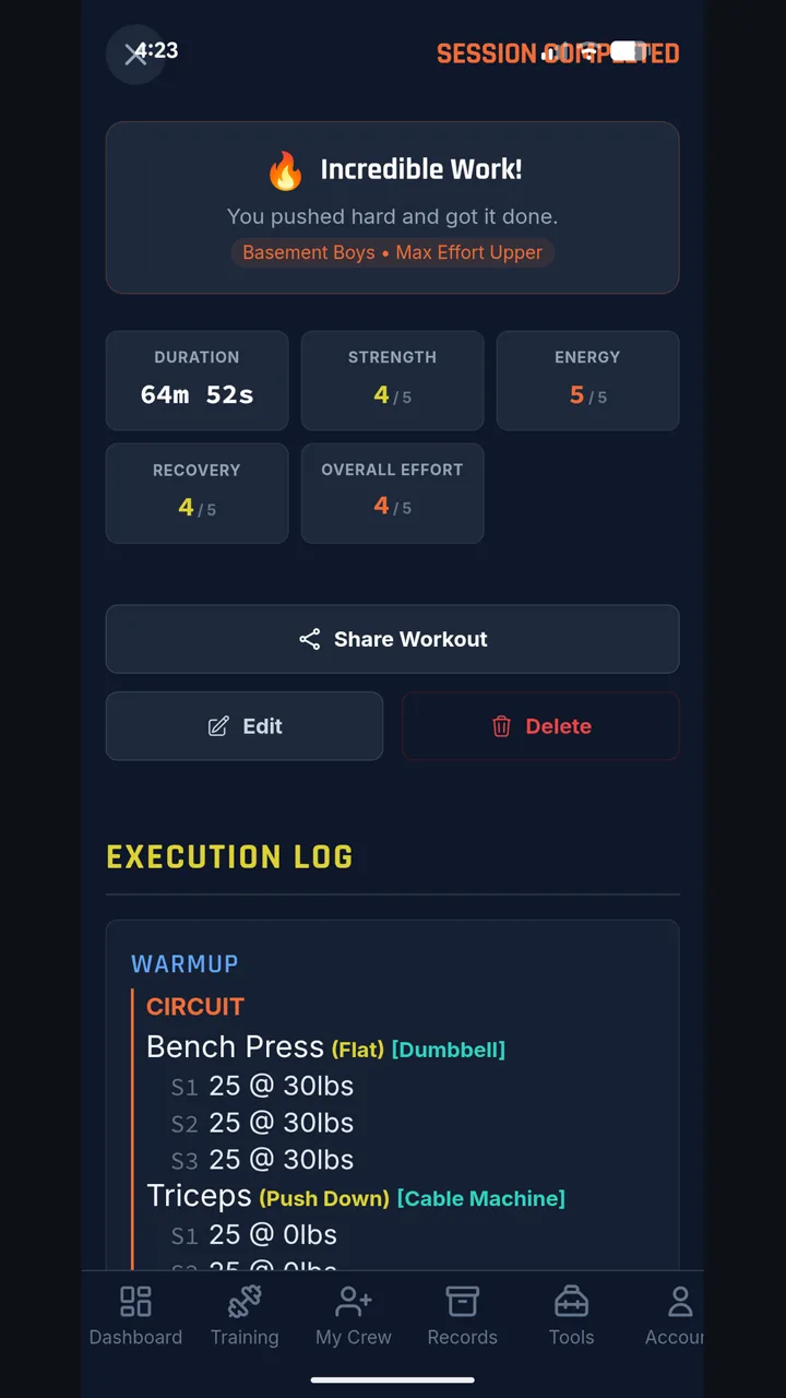 Completed session summary with duration, effort ratings and execution log