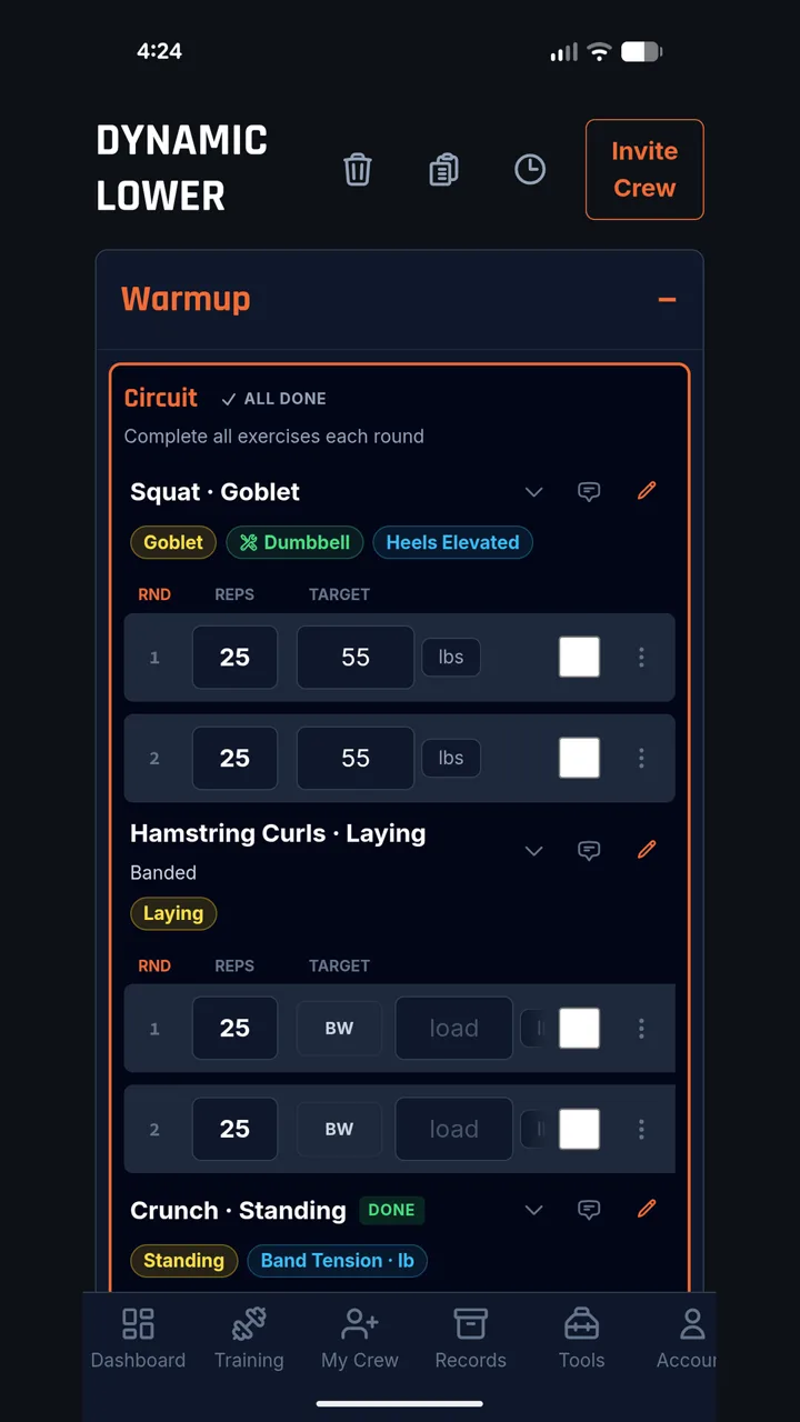 Live session logging with sets, reps and target weights