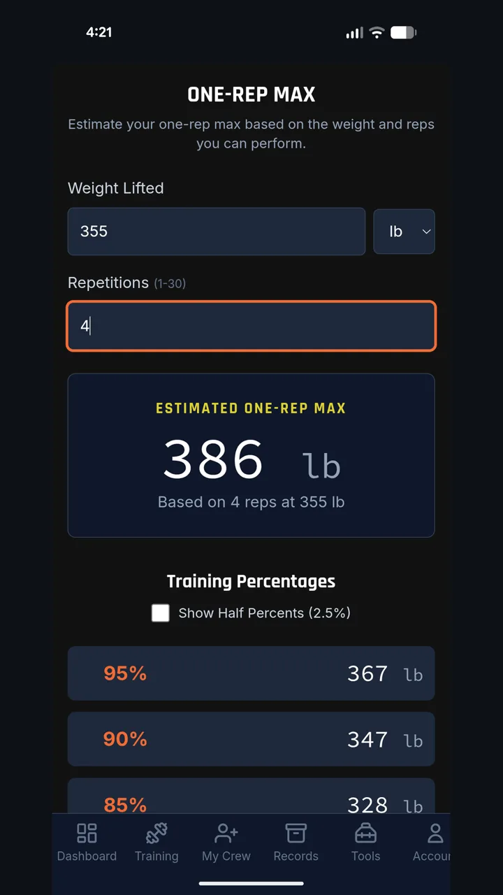 One-rep max calculator with training percentages