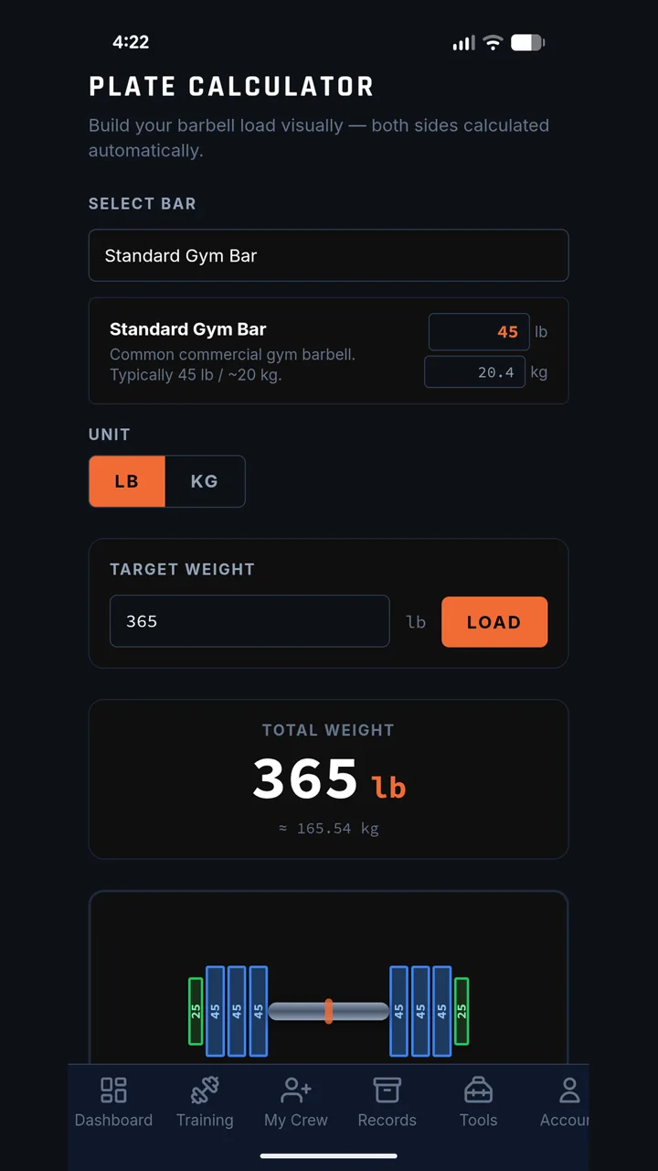 Plate calculator showing a 365 lb barbell load